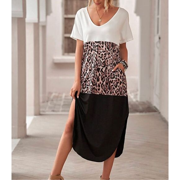 Colorblock leopard casual T-shirt maxi dress size large - Picture 6 of 6